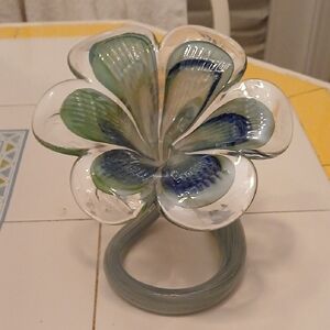 Murano Glass Flower with Green and Blue Accents